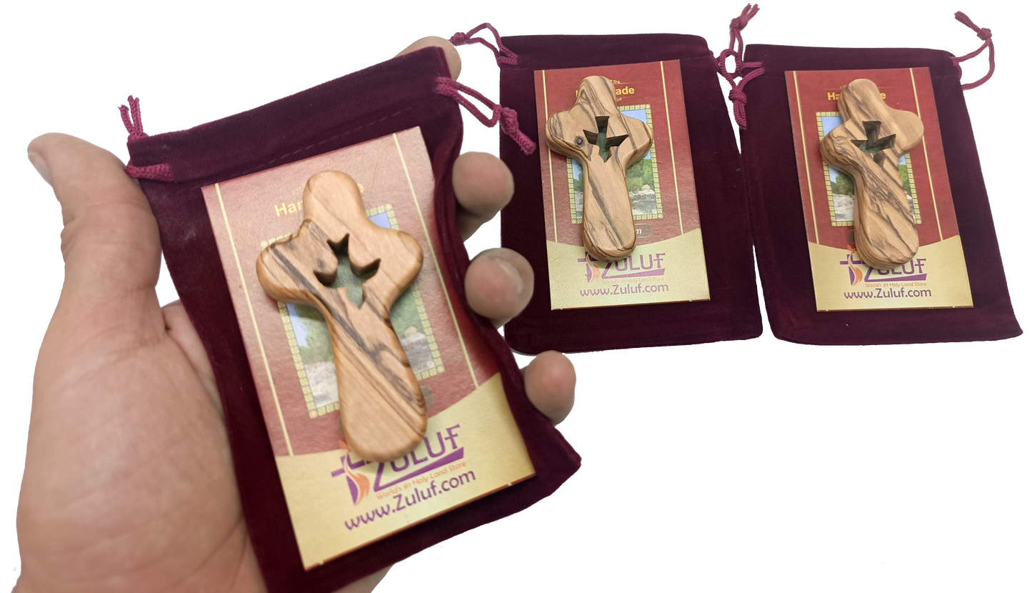 🕊️ Handcrafted Olive Wood Comfort Cross with Dove Cut-Out – Made in Bethlehem | Comes with Gift Bag & Certificate | Zuluf Holy Land Gift