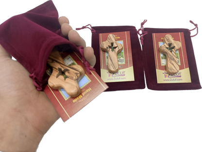 🕊️ Handcrafted Olive Wood Comfort Cross with Dove Cut-Out – Made in Bethlehem | Comes with Gift Bag & Certificate | Zuluf Holy Land Gift