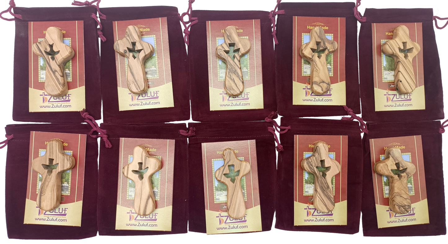 🕊️ Handcrafted Olive Wood Comfort Cross with Dove Cut-Out – Made in Bethlehem | Comes with Gift Bag & Certificate | Zuluf Holy Land Gift