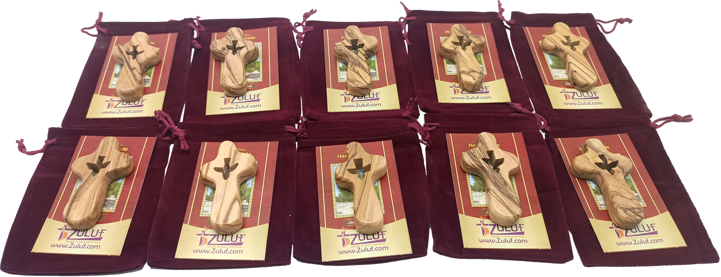 🕊️ Handcrafted Olive Wood Comfort Cross with Dove Cut-Out – Made in Bethlehem | Comes with Gift Bag & Certificate | Zuluf Holy Land Gift