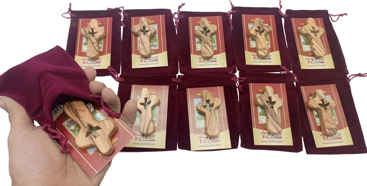 🕊️ Handcrafted Olive Wood Comfort Cross with Dove Cut-Out – Made in Bethlehem | Comes with Gift Bag & Certificate | Zuluf Holy Land Gift