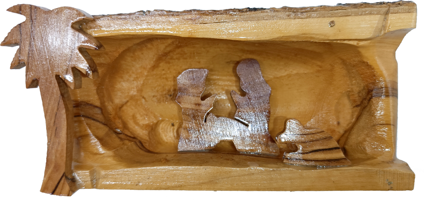 Hand Carved Olive Wood Nativity Scene from Bethlehem - Rustic Holy Family in Natural Bark Grotto