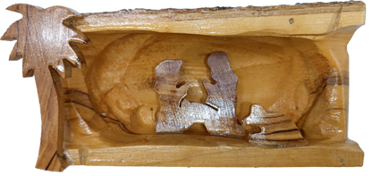 Hand Carved Olive Wood Nativity Scene from Bethlehem - Rustic Holy Family in Natural Bark Grotto