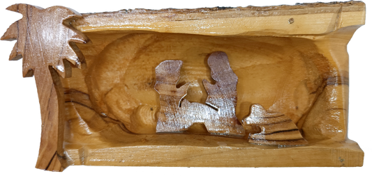 Hand Carved Olive Wood Nativity Scene from Bethlehem - Rustic Holy Family in Natural Bark Grotto