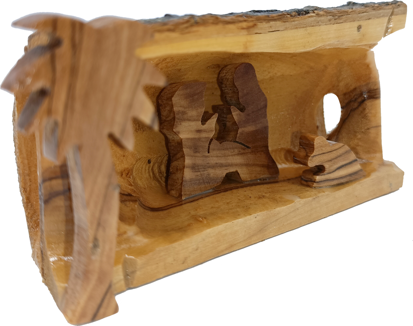 Hand Carved Olive Wood Nativity Scene from Bethlehem - Rustic Holy Family in Natural Bark Grotto