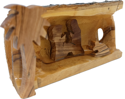 Hand Carved Olive Wood Nativity Scene from Bethlehem - Rustic Holy Family in Natural Bark Grotto