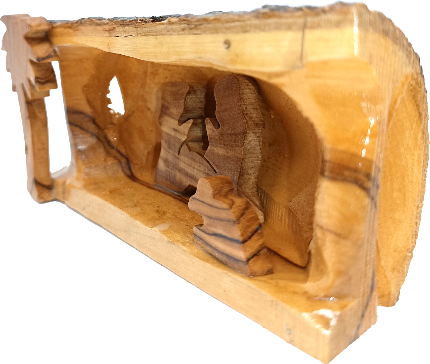 Hand Carved Olive Wood Nativity Scene from Bethlehem - Rustic Holy Family in Natural Bark Grotto