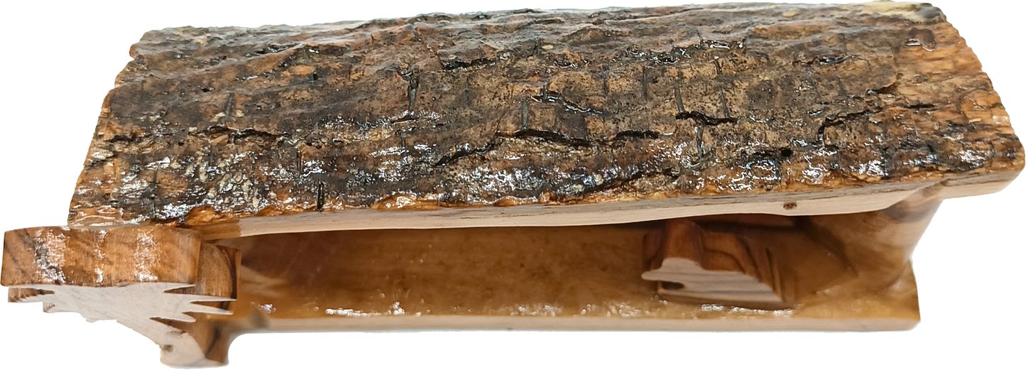 Hand Carved Olive Wood Nativity Scene from Bethlehem - Rustic Holy Family in Natural Bark Grotto