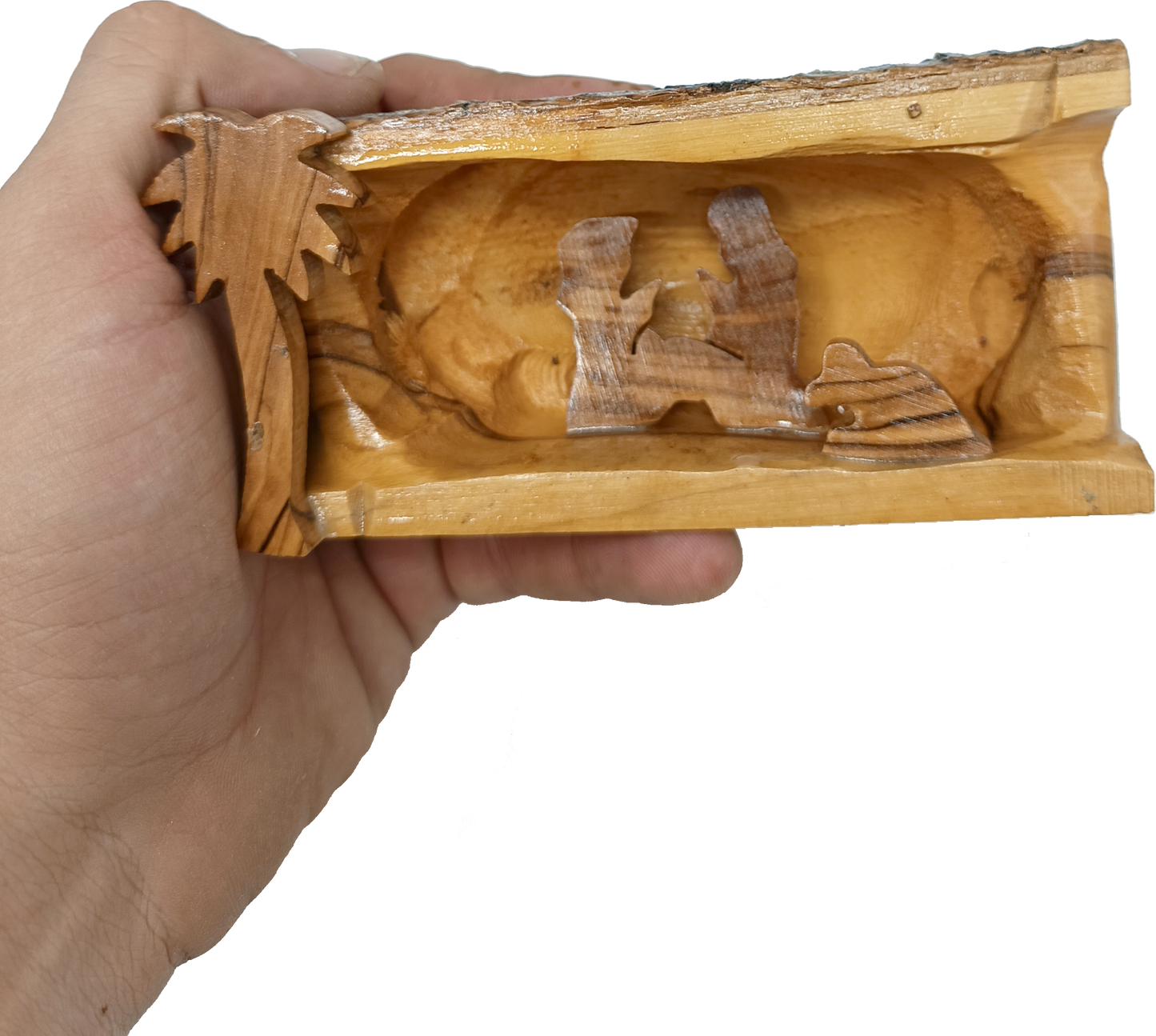 Hand Carved Olive Wood Nativity Scene from Bethlehem - Rustic Holy Family in Natural Bark Grotto