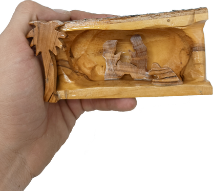 Hand Carved Olive Wood Nativity Scene from Bethlehem - Rustic Holy Family in Natural Bark Grotto