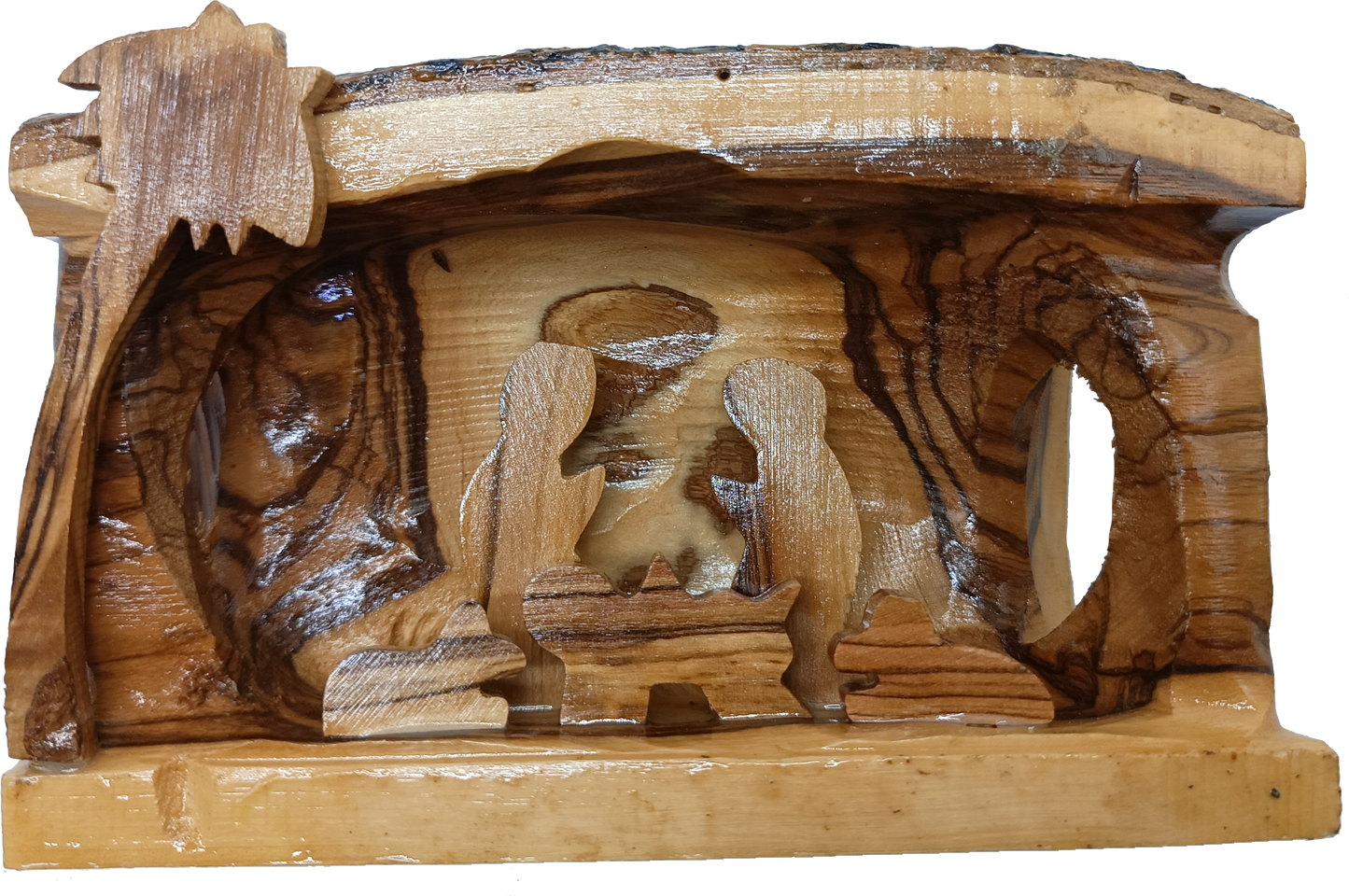 Hand Carved Olive Wood Nativity Scene from Bethlehem - Rustic Holy Family in Natural Bark Grotto