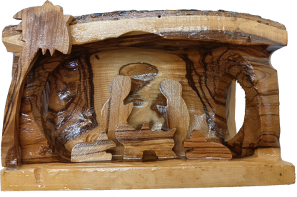 Hand Carved Olive Wood Nativity Scene from Bethlehem - Rustic Holy Family in Natural Bark Grotto