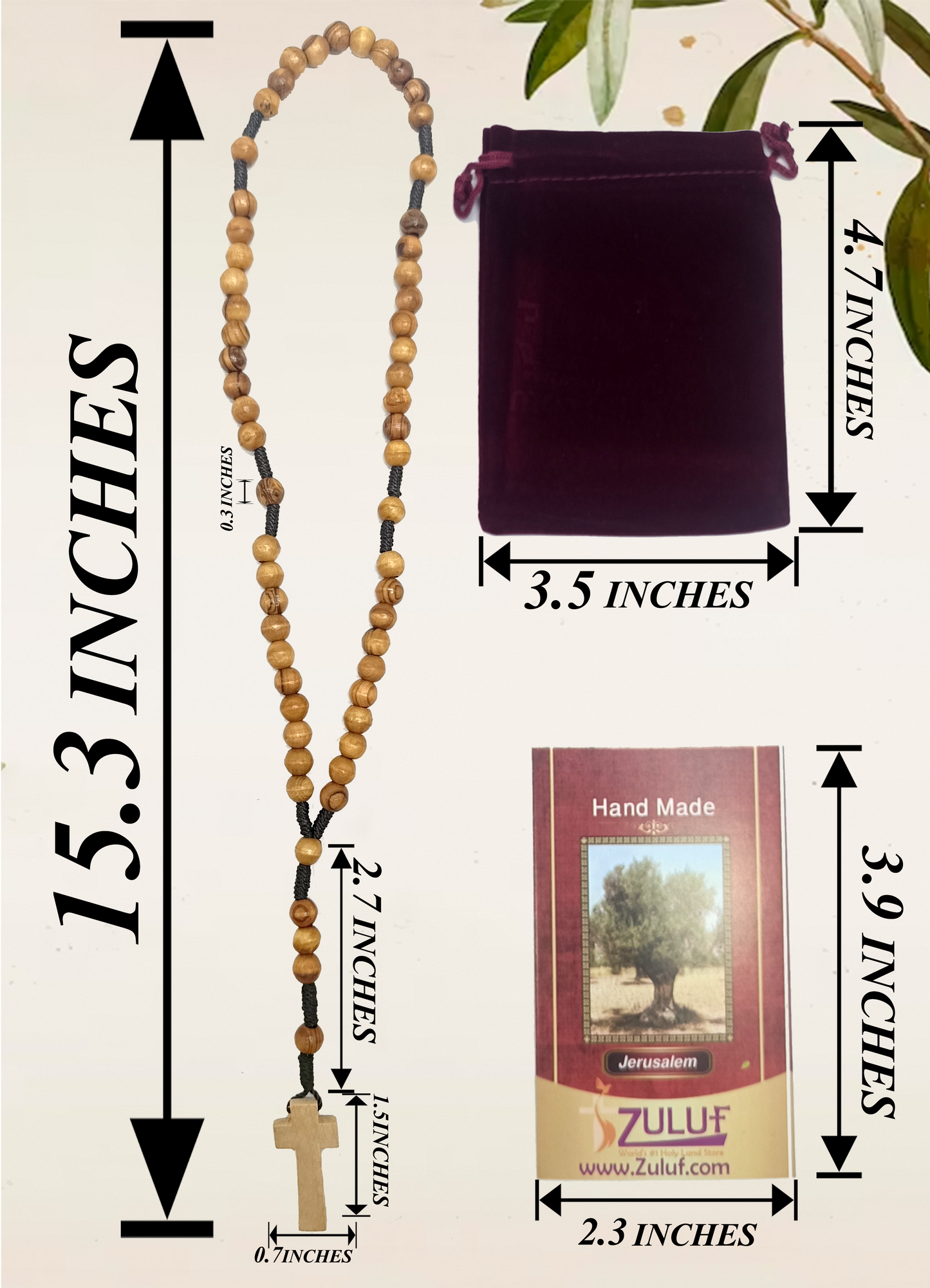 Set of 12 Olive Wood Rosaries Handmade in Bethlehem – 15.3” Catholic Wooden Rosary with Cross – Includes 12 Velvet Bags & 12 Certificates – Holy Land Bulk Gift Set
