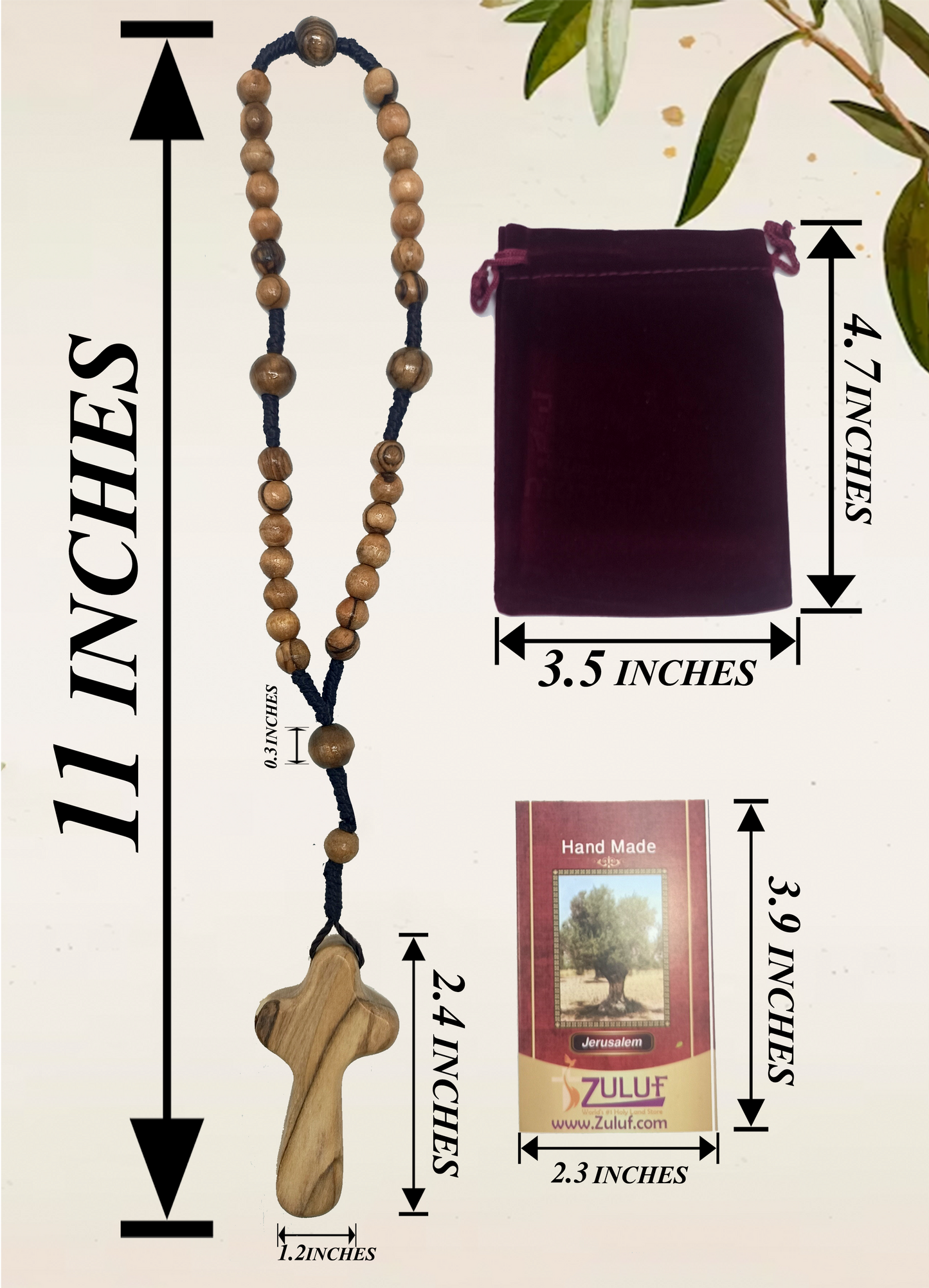 Olive Wood Rosary Handmade in Bethlehem – 11” Catholic Wooden Rosary with 33 Beads – Available as 1 Piece or Set of 3 – Includes Velvet Bag & Certificate – Holy Land Gift