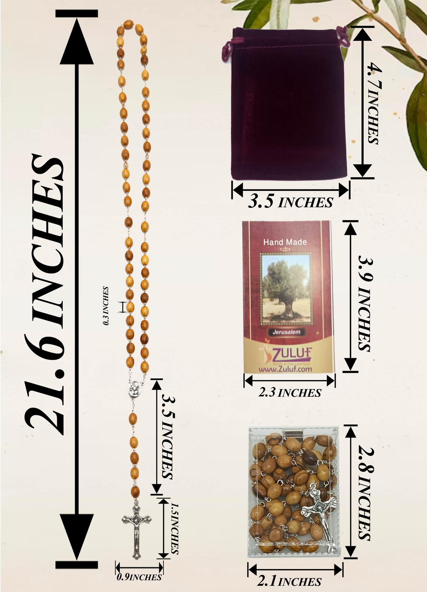 Olive Wood Rosary Handmade in Bethlehem – 21.6” Catholic Rosary with Metal Crucifix – Includes Velvet Bag, Plastic Gift Box & Certificate – Available in 1, 3 or 6 Pieces