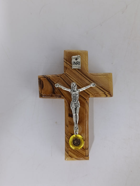 Olive Wood Wall Crucifix with INRI and Holy Land Relic from Bethlehem