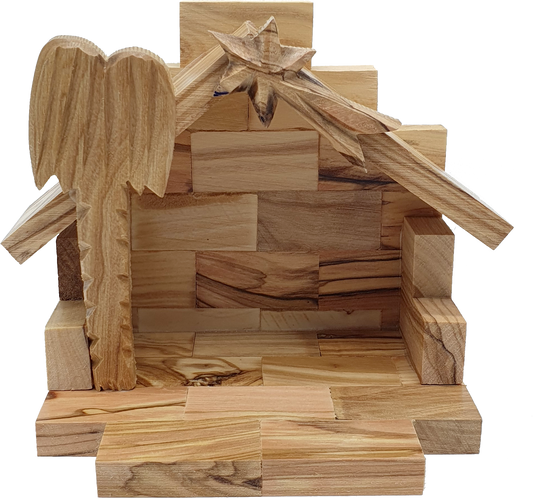 Hand-Carved Olive Wood Nativity Set with Bark Roof from Bethlehem