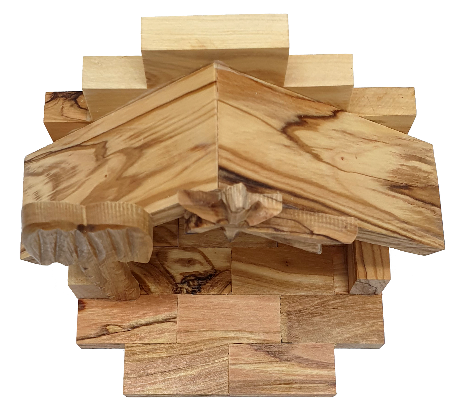 Hand-Carved Olive Wood Nativity Set with Bark Roof from Bethlehem