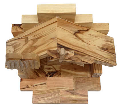 Hand-Carved Olive Wood Nativity Set with Bark Roof from Bethlehem
