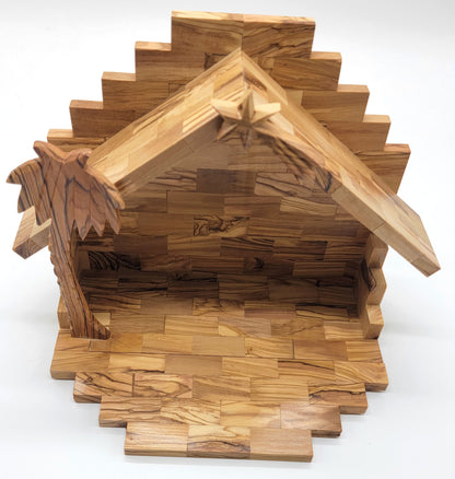 Hand-Carved Olive Wood Nativity Set with Bark Roof from Bethlehem