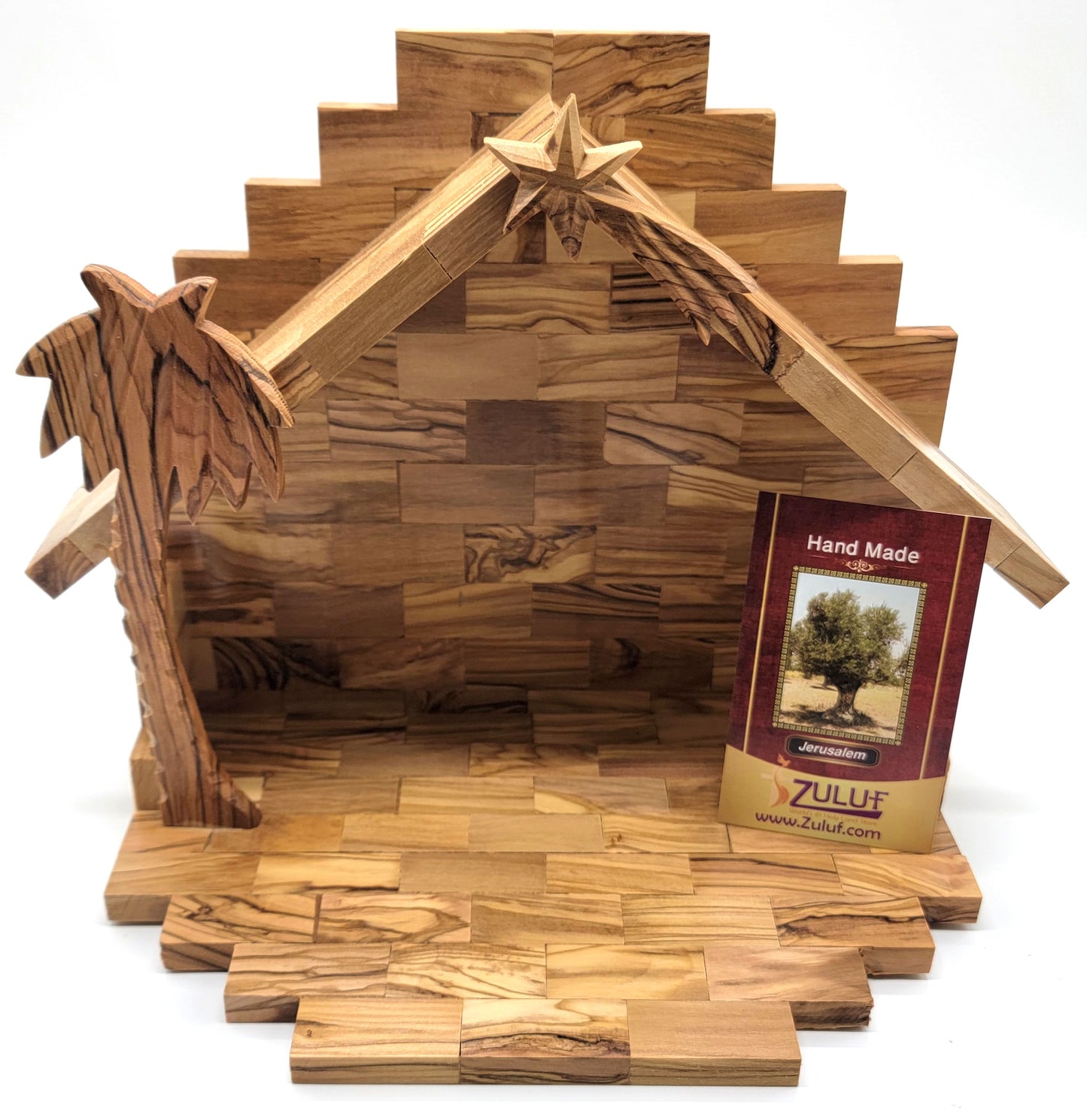Hand-Carved Olive Wood Nativity Set with Bark Roof from Bethlehem