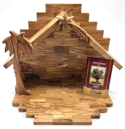 Hand-Carved Olive Wood Nativity Set with Bark Roof from Bethlehem