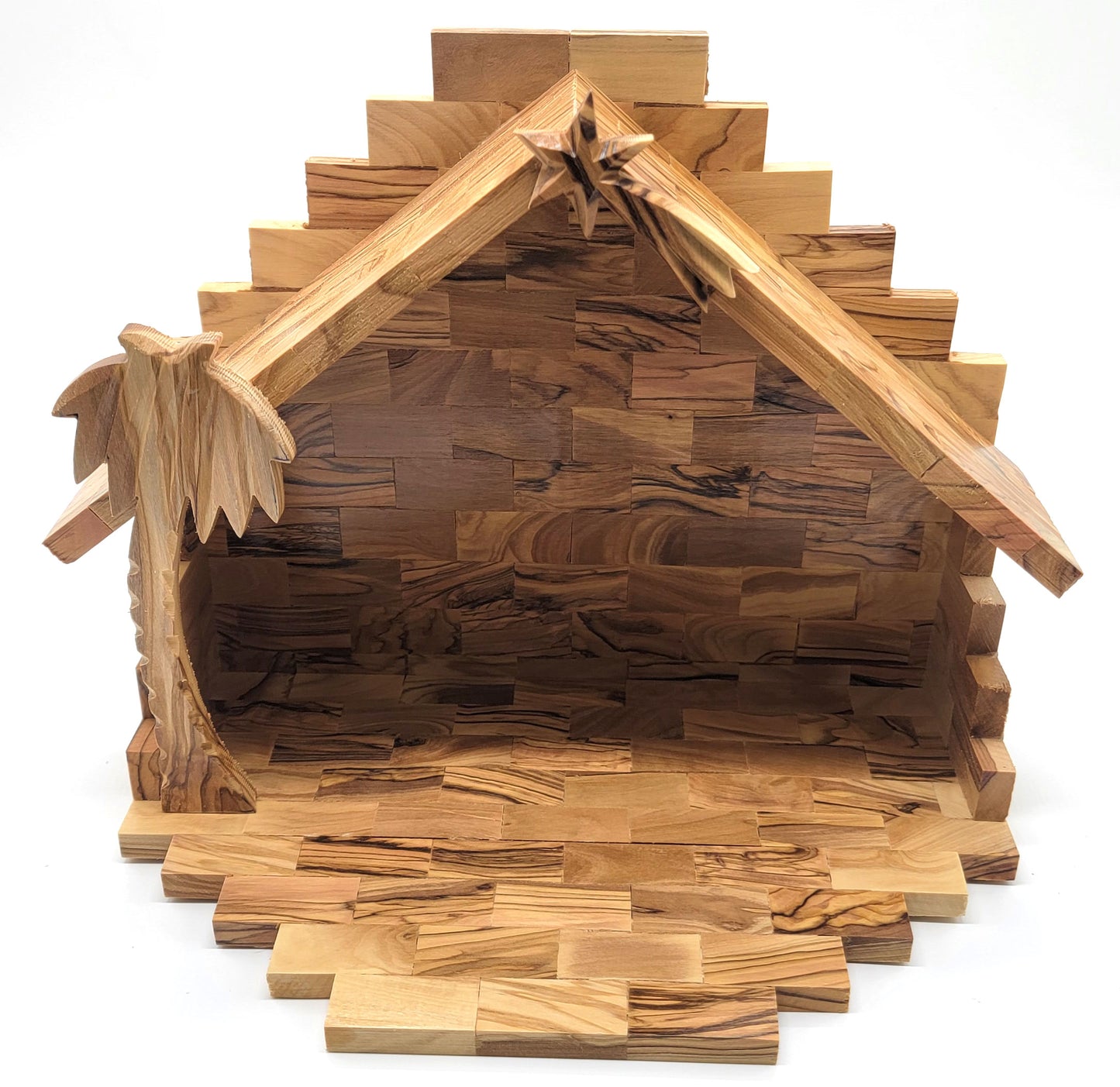Hand-Carved Olive Wood Nativity Set with Bark Roof from Bethlehem