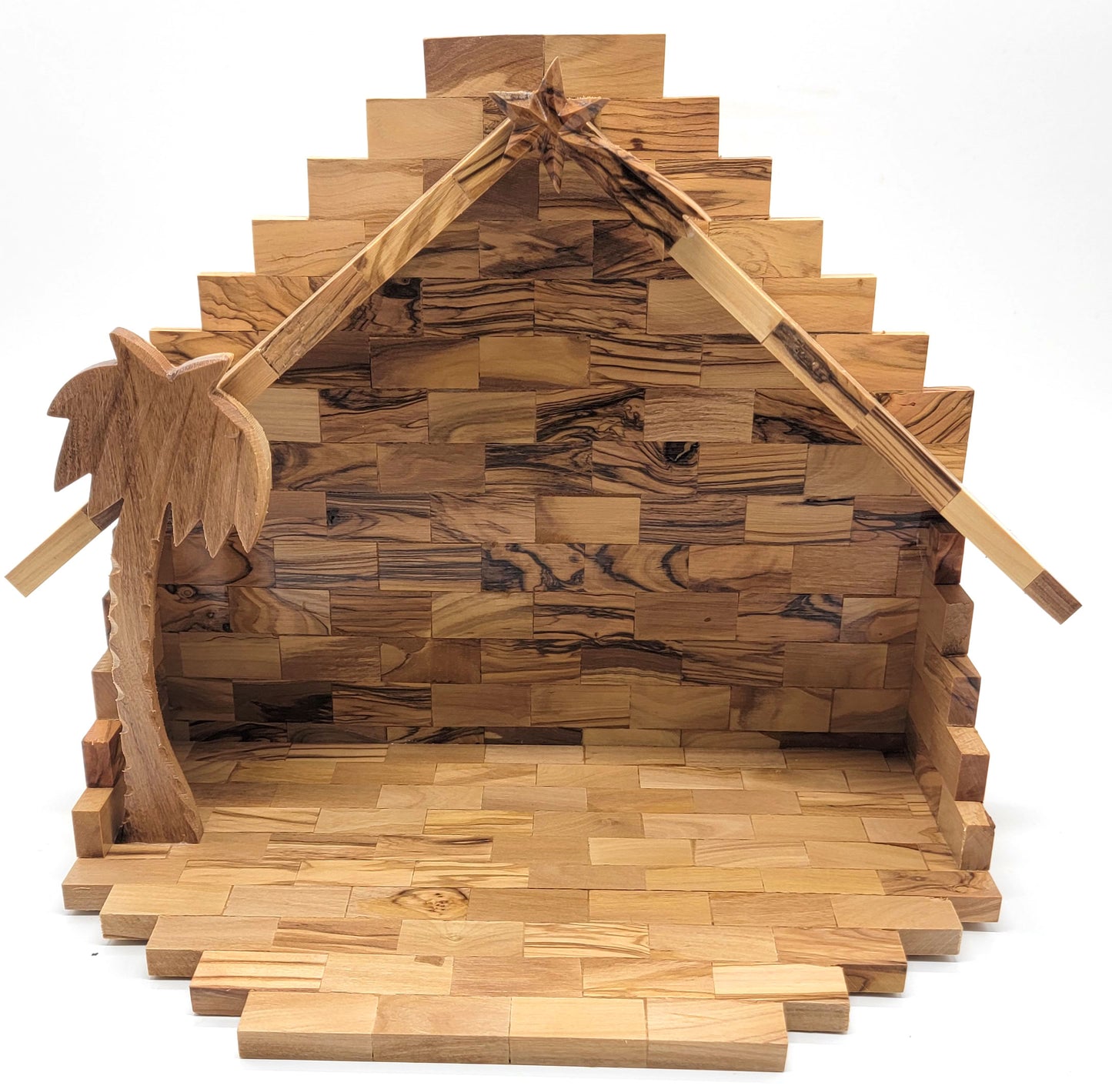 Hand-Carved Olive Wood Nativity Set with Bark Roof from Bethlehem