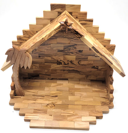 Hand-Carved Olive Wood Nativity Set with Bark Roof from Bethlehem