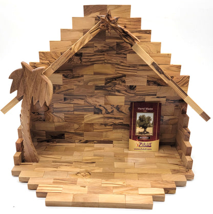 Hand-Carved Olive Wood Nativity Set with Bark Roof from Bethlehem