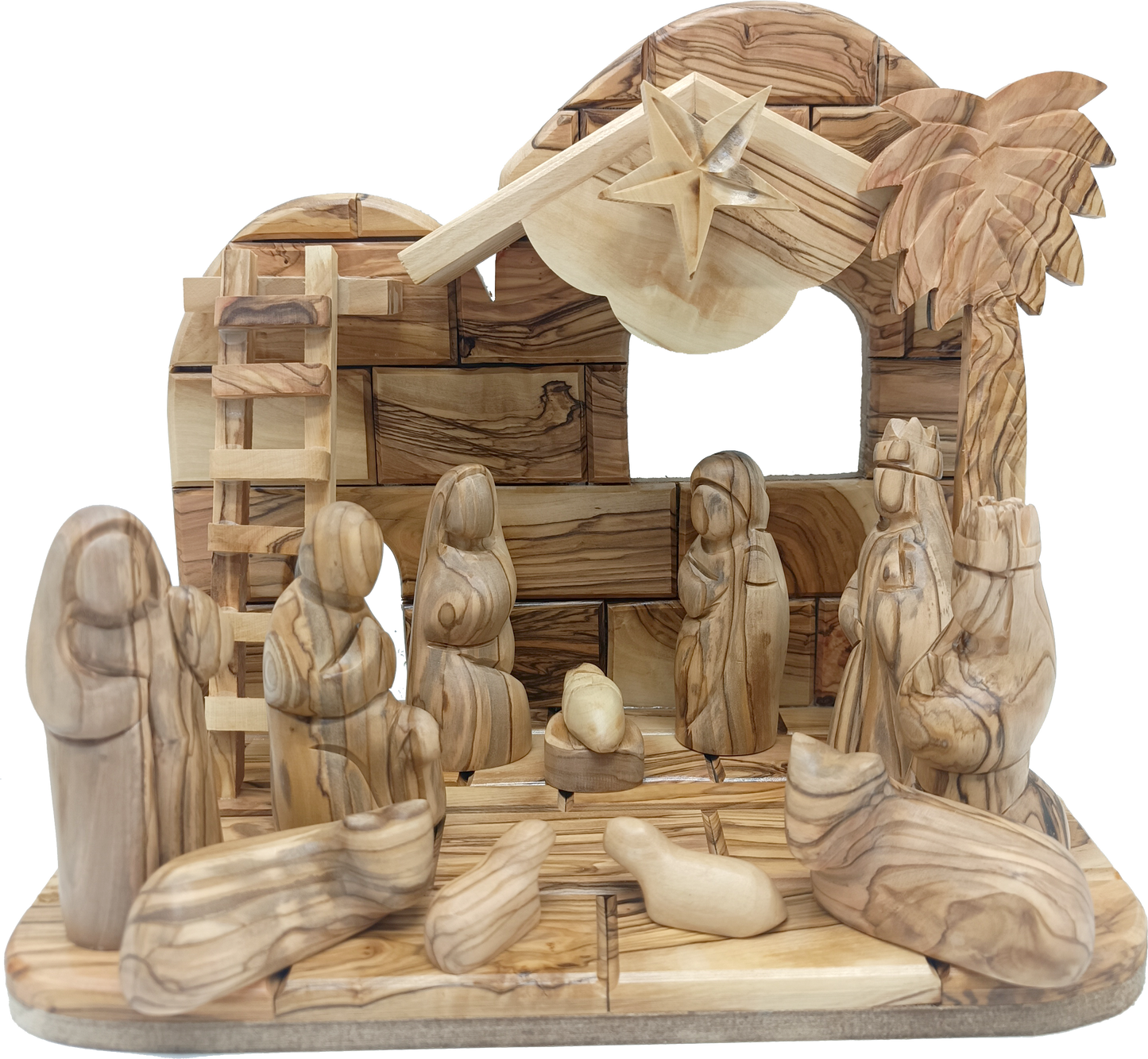 Premium Hand-Carved Olive Wood Nativity Scene from Bethlehem with 12 Figurines and Stable (9.8 Inches Approximate)