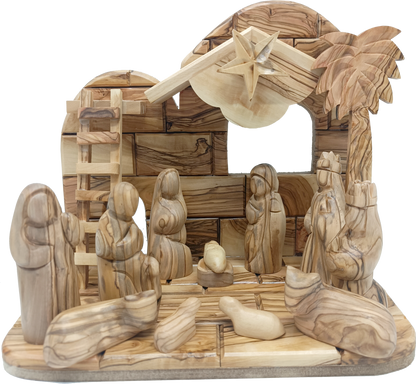 Premium Hand-Carved Olive Wood Nativity Scene from Bethlehem with 12 Figurines and Stable (9.8 Inches Approximate)