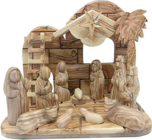 Premium Hand-Carved Olive Wood Nativity Scene from Bethlehem – Complete Christmas Set with 12 Figurines & Stable Creche Display