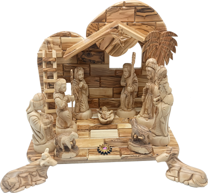 Hand-Carved Olive Wood Nativity Set from Bethlehem with Stable and Figurines (12.5 Inches Approximate)