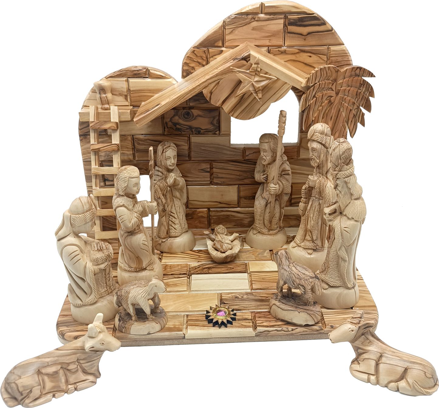 Hand-Carved Olive Wood Nativity Set from Bethlehem with Stable and Figurines (12.5 Inches Approximate)