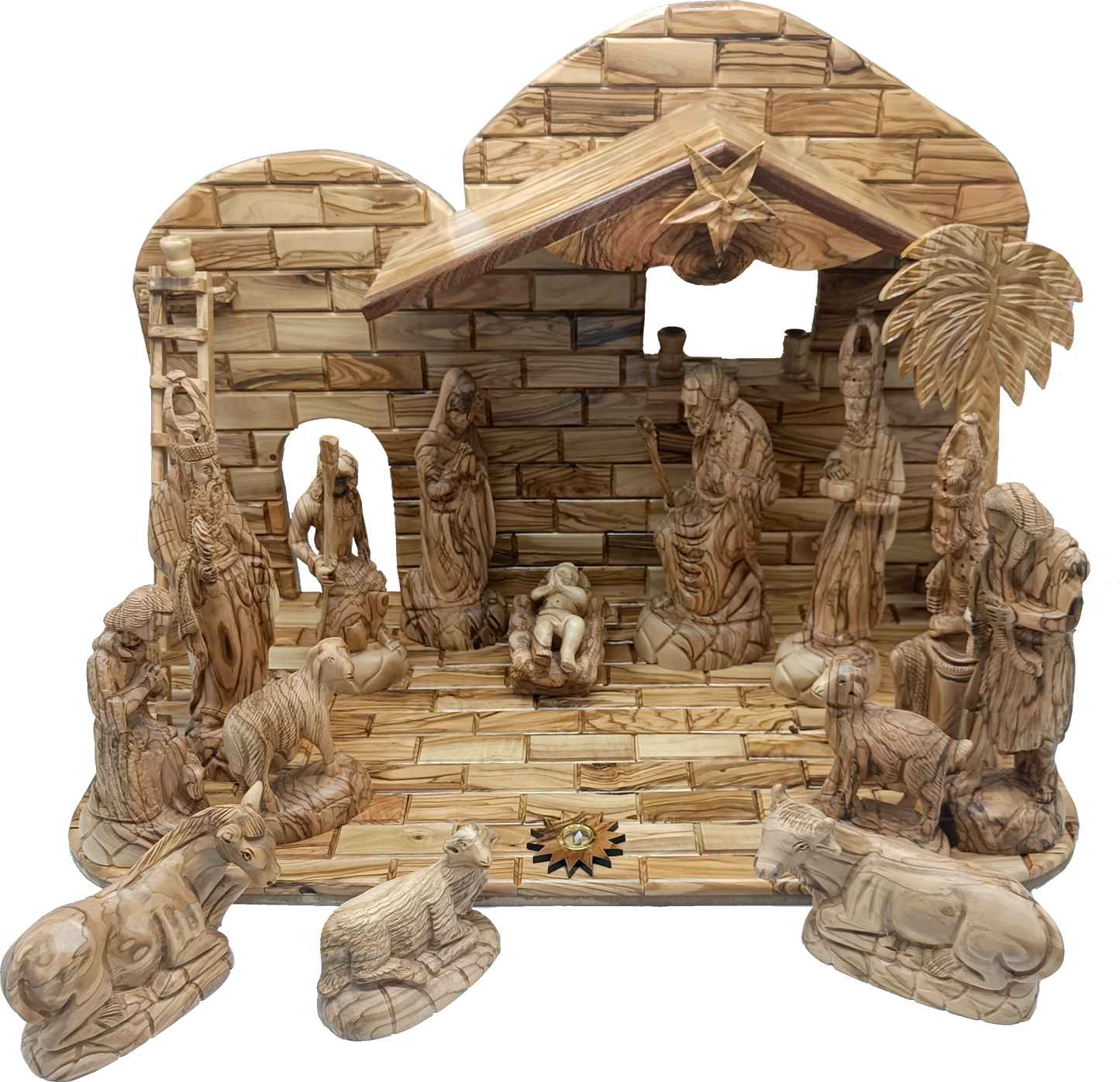 Luxury Olive Wood Nativity Set from Bethlehem with Hand-Carved Stable and 17 Figurines (17.7 Inches Approximate)