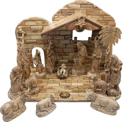 Luxury Olive Wood Nativity Set from Bethlehem with Hand-Carved Stable and 17 Figurines (17.7 Inches Approximate)