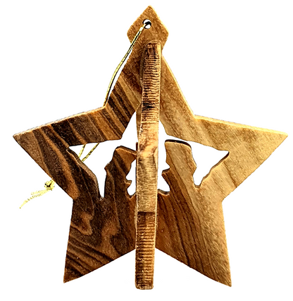 Hand-Carved 3D Olive Wood Star Nativity Ornament from Bethlehem
