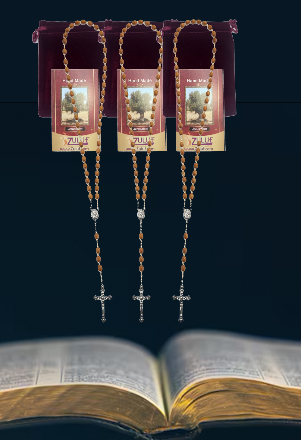 Olive Wood Rosary Handmade in Bethlehem – 23.6” Catholic Wooden Rosary with Silver Crucifix – Set of 3 or 6 – Includes Velvet Bags & Certificates – Holy Land Christian Gift