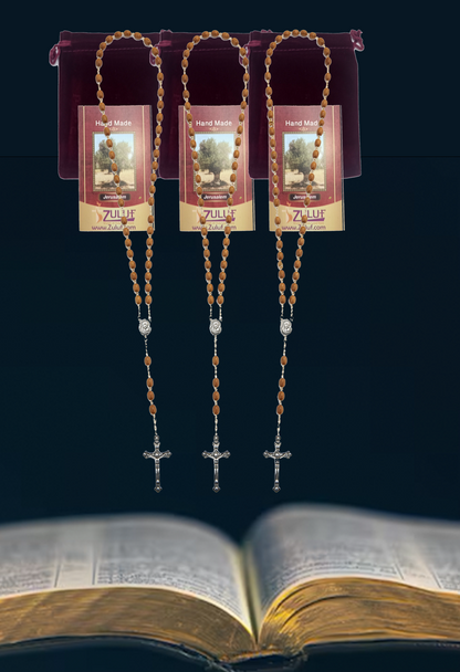 Olive Wood Rosary Handmade in Bethlehem – 23.6” Catholic Wooden Rosary with Silver Crucifix – Set of 3 or 6 – Includes Velvet Bags & Certificates – Holy Land Christian Gift
