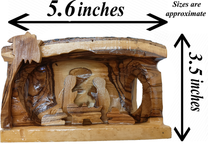 Hand Carved Olive Wood Nativity Scene from Bethlehem - Rustic Holy Family in Natural Bark Grotto