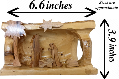 Hand Carved Olive Wood Nativity Scene from Bethlehem - Rustic Holy Family in Natural Bark Grotto
