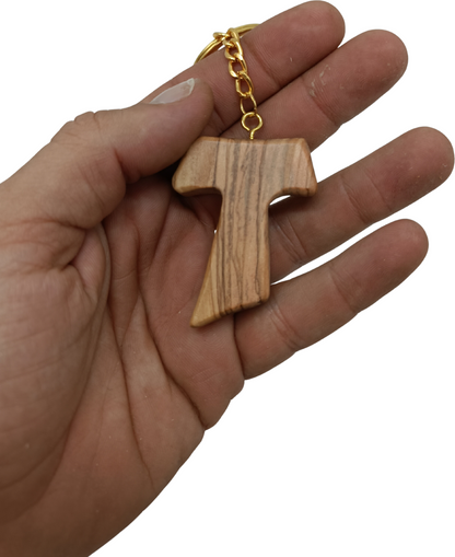 Hand crafted Olive Wood Tau Cross Keychain – Symbol of Faith and Protection