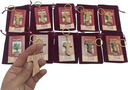 Hand crafted Olive Wood Tau Cross Keychain – Symbol of Faith and Protection