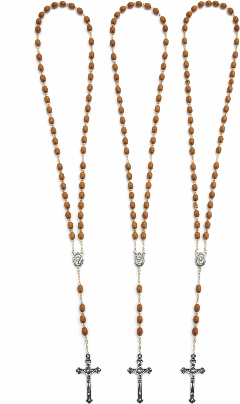 Olive Wood Rosary Handmade in Bethlehem – 23.6” Catholic Wooden Rosary with Silver Crucifix – Set of 3 or 6 – Includes Velvet Bags & Certificates – Holy Land Christian Gift