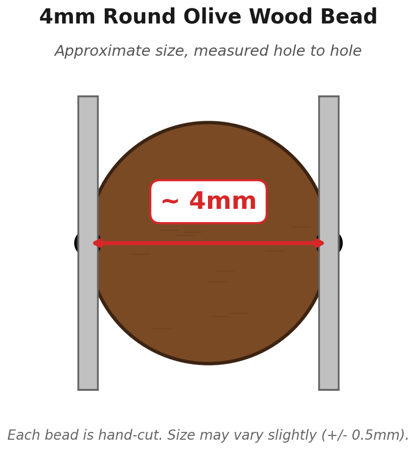 4mm round olive wood bead measurement diagram - approximate size measured hole to hole