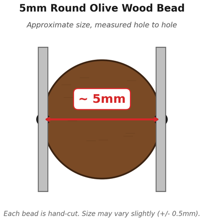 5mm round olive wood bead measurement diagram - approximate size measured hole to hole