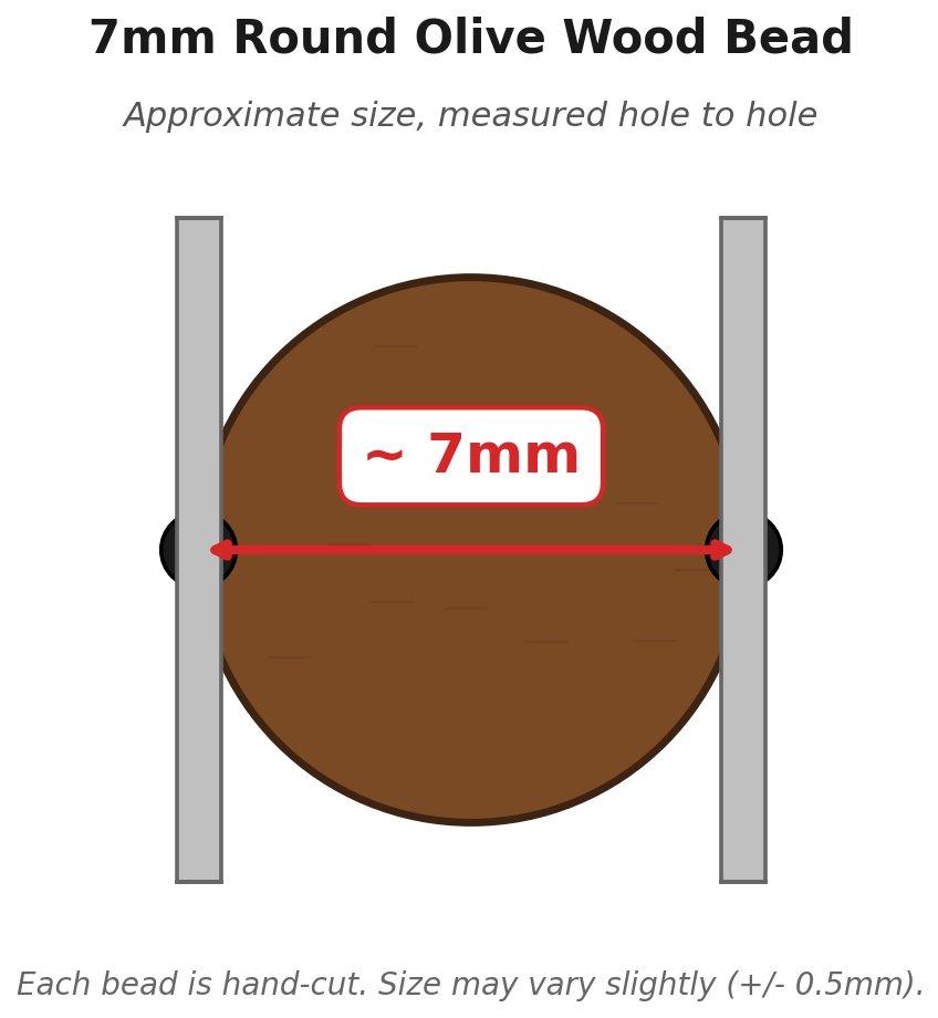 7mm round olive wood bead measurement diagram - approximate size measured hole to hole