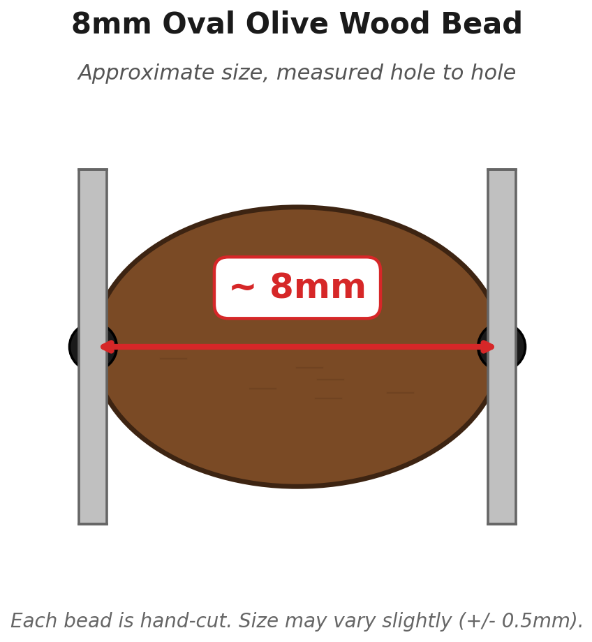 8mm oval olive wood bead measurement diagram - approximate size measured hole to hole