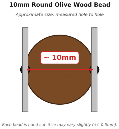 10mm round olive wood bead measurement diagram - approximate size measured hole to hole